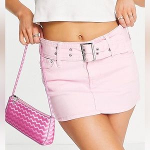 Bershka 90s buckle detail micro mini skirt in baby pink